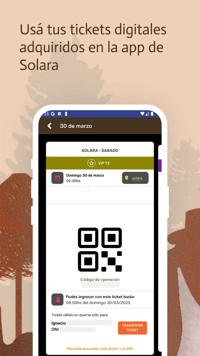 Pantalla de la app con un ticket digital: el código QR, la fecha del evento y el nombre de quien lo compró