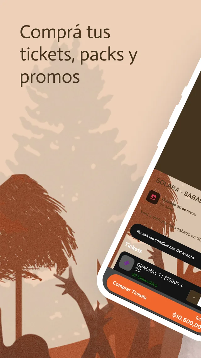 Pantalla de compra de la app, con los tipos de ticket disponibles y el botón de comprar