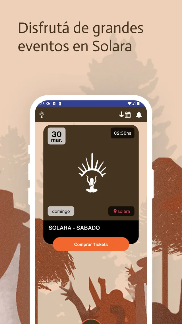 Pantalla principal de la app con el próximo evento y el botón para comprar tickets